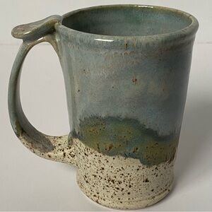 Hand Thrown Coffee Mug Stoneware Pottery Speckled Drip Glaze Blue beige EUC
